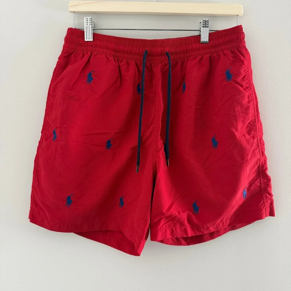 Polo Ralph Lauren Mens Red Blue Pony Embroidered Swim Trunks M Preppy Nautical